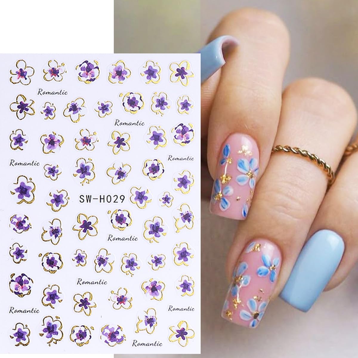 4 Sheets Pink Flower Nail Stickers, Gold Stamping Floral Nail Art Decals, 3D Self-Adhesive Nail Design Stickers for Women DIY Spring Season Purple Pink Flower Manicure Decoration Supplies