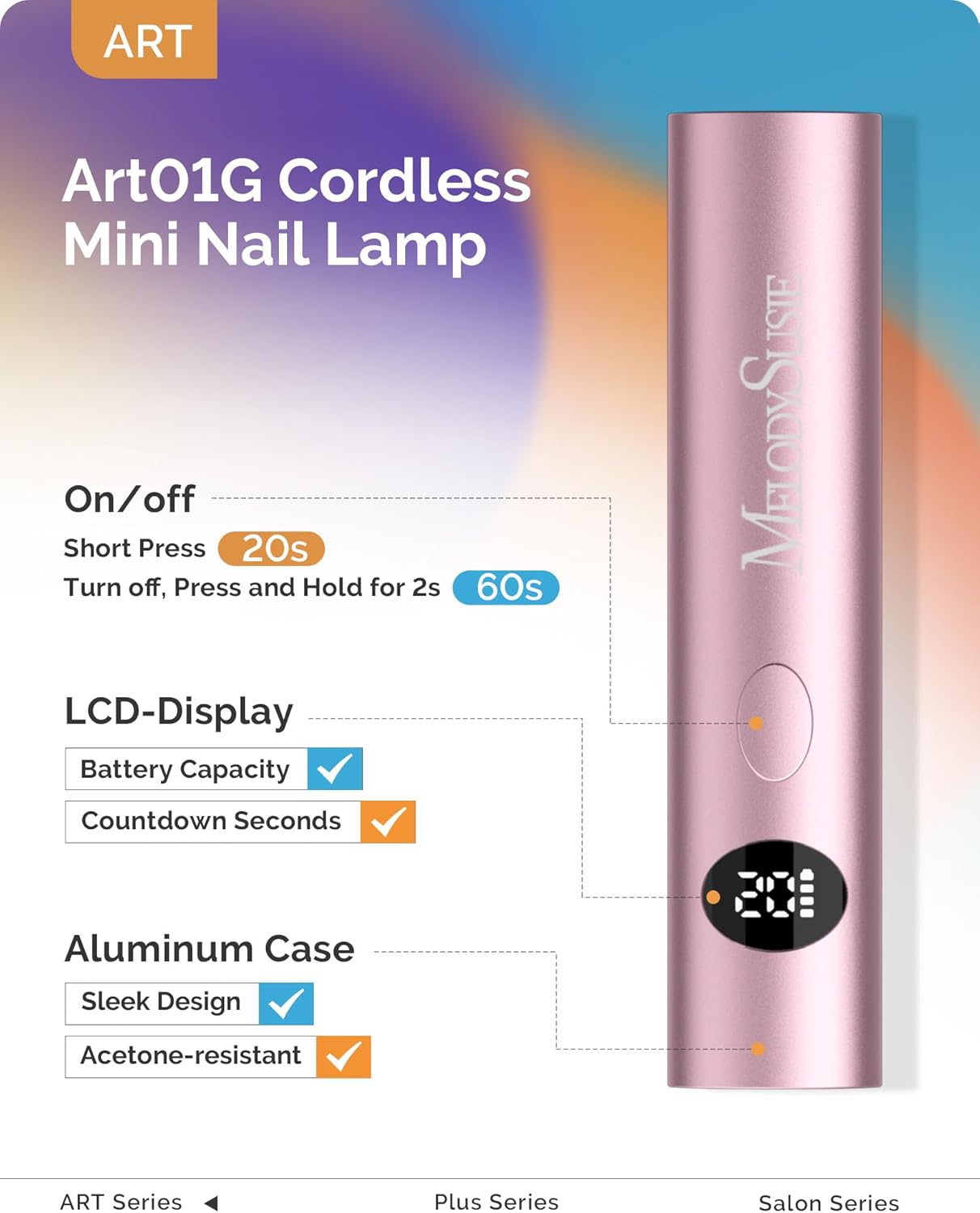 MelodySusie Handheld UV Light, ART01G Mini Portable Cordless Nail Lamp with LCD Display, Optical Lens, Acetone Resistant Case, Flash Cure for Rhinestone Glue, Pink