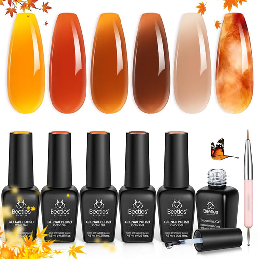 Beetles Fall Gel Nail Polish Set – Amber Chic Jelly Gel Polish with Blooming Gel for Marble Effects, 6 Colors Yellow Red Brown Gray Translucent Soak Off UV LED Autumn Nail Art