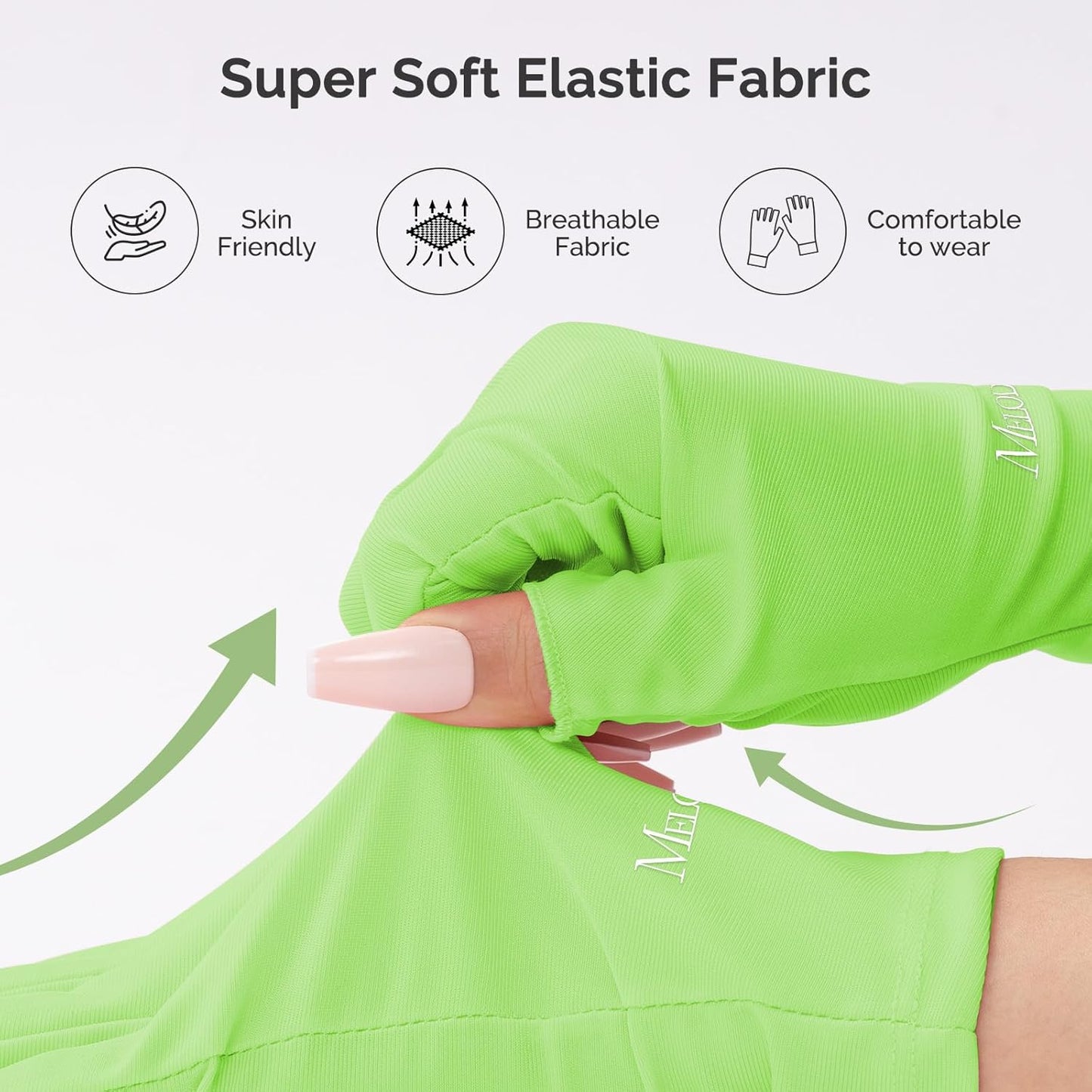 MelodySusie Premium UV Protection Gloves for Manicures, Cool Feeling Fabric,Professional UPF50+, UV Nail Gloves for Gel Nail Lamp, Anti UV Light, Skin Care Fingerless Design, Neon Green