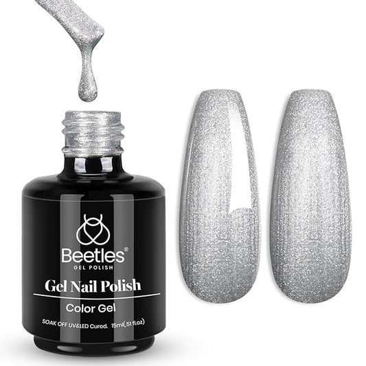 Beetles Silver Gel Nail Polish Glitter Gel Polish Shell Swirl Thread Drawing Effect Mermaid Shimmer Soak Off UV LED 15ml Gifts for Women Silver Dance Floor