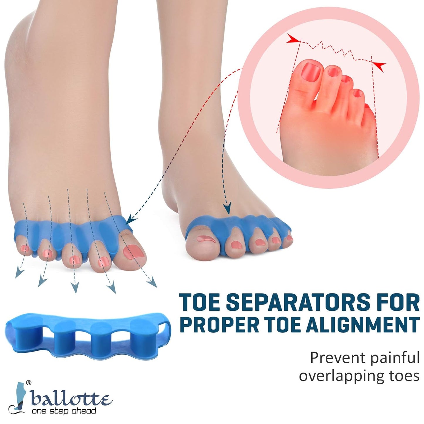 Ballotte Toe Separators, Silicone Toe Spacers for Bunions and Overlapping Hammer Toes, Athletic Tootsie Spacers for Running and Yoga, Foot Finger Splitters for Men & Women (Toe Seperators (Blue 6-Pack))