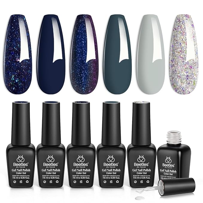 Beetles Blue Gel Polish Set - Winter Glitter Dark Navy Blue Sliver Gel Nail Polish, 6 Colors Soak off Nail Uv Lamp Manicure Gift for Women