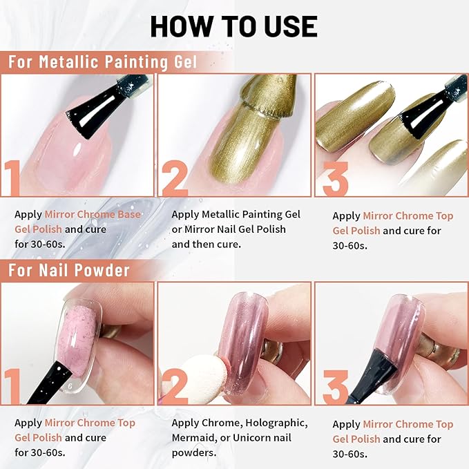 15ml Top Coat for Metallic Painting Gel, No Wipe Top Gel Polish for Metallic Gel Nail Polish, Chrome Nail Polish, Chrome Nail Powder, Mirror Nail Gel, Easy to Make Mirror Chrome Effect