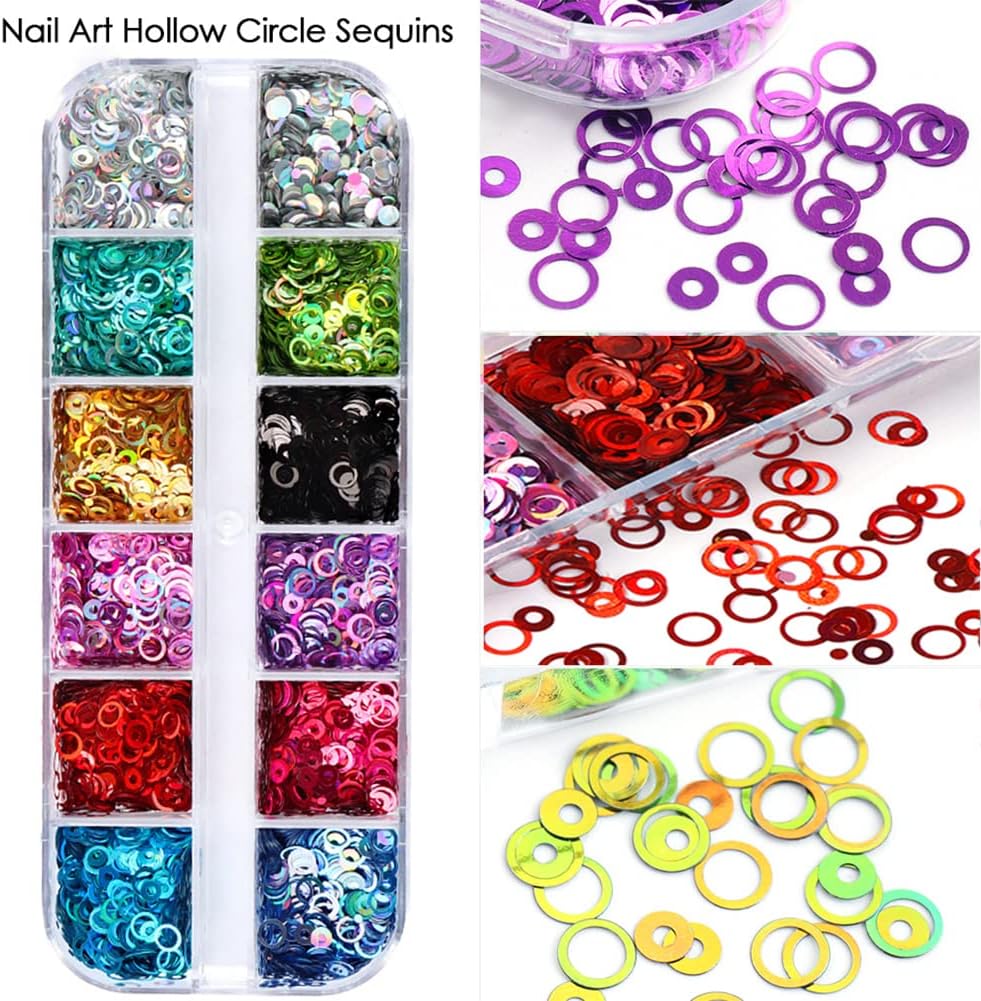 Circle Glitter Nail Art Sequins, 3D Hollow Circle Shape Glitters Flakes, Holographic Fluorescent Laser Shiny Round Nail Supplies for Women Girls Manicure Charms Decorations DIY Resin Nail Art Tips
