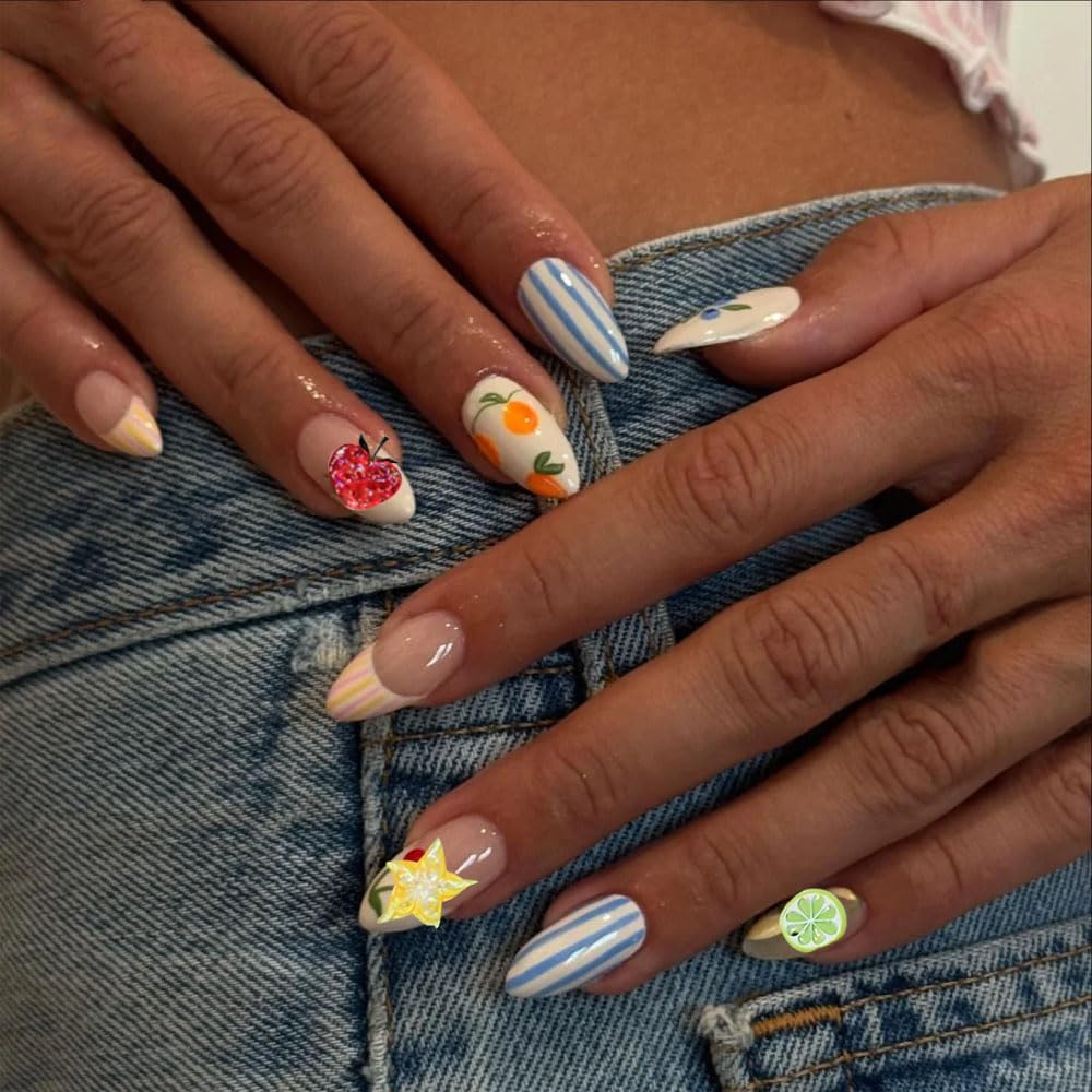 Summer Fruit Nail Art Stickers, 2 Sheets, 5D Embossed Self-Adhesive Decals with Strawberry, Grape, Lemon, Apple, Cherry Design for DIY Nail Decoration
