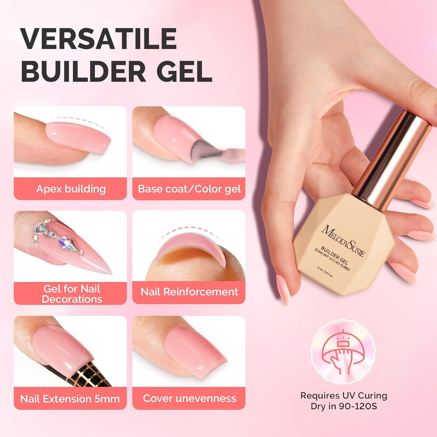 MelodySusie Builder Gel Nail Set for Nails Thickening,6 Colors 15ML Nude Pink Base Colors Clear Rubber Base Gel Polish,Soak Off UV Extension,Rhinestone Nail Glue in a Bottle Gift for Women