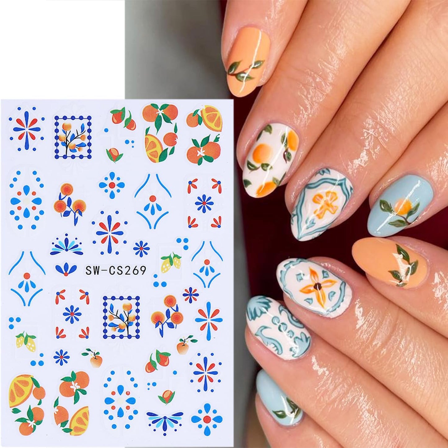 6 Sheets Autumn Fruit Nail Decals for Nail Art 3D Self-Adhesive Orange Lemon Nail Art Stickers Bohemian Style French Tip Nail Stickers Fall Flower Nail Supplies for Women Acrylic Nails Decoration