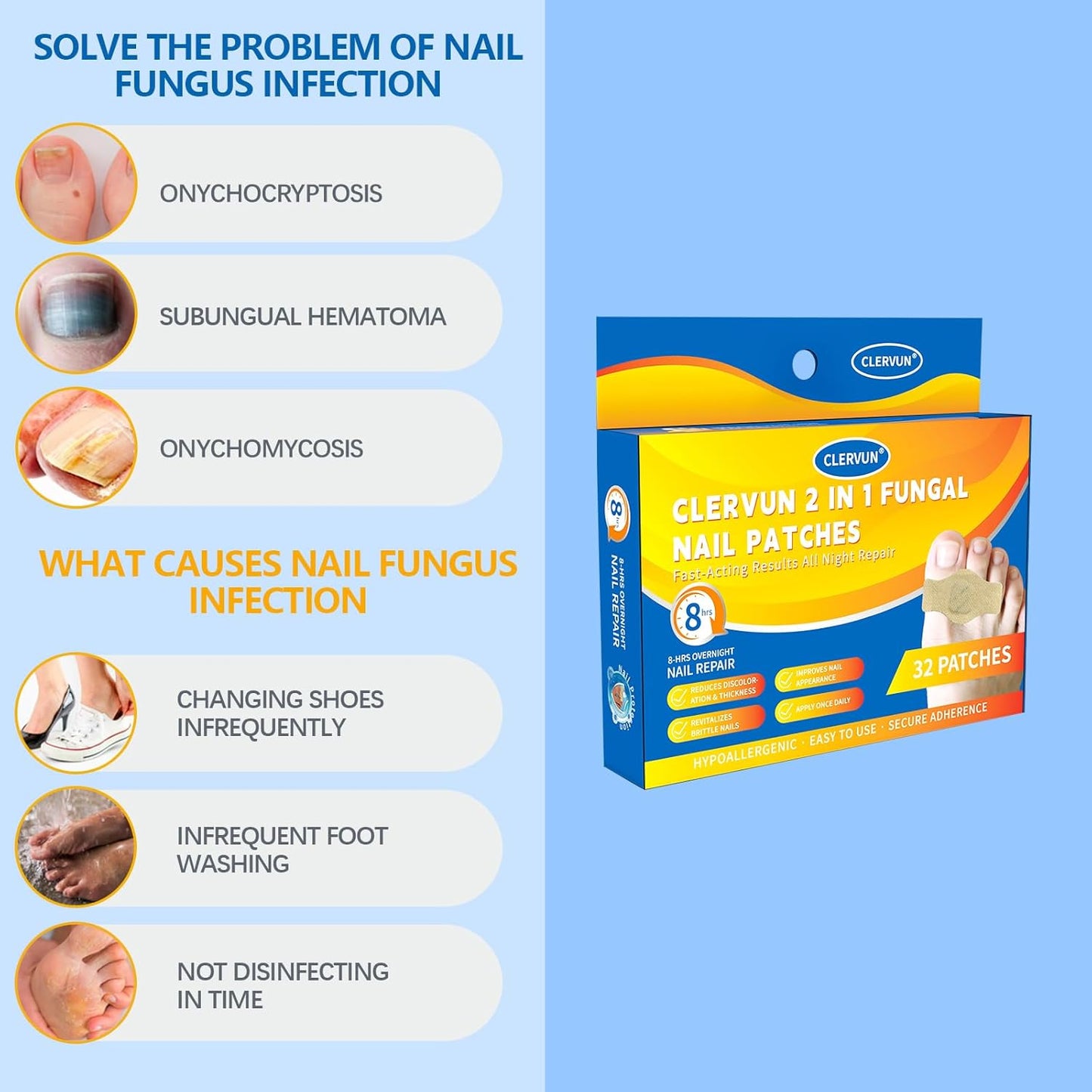 Fungus Nail Patches - 32 Pcs - Toe Nail Fungus Treatment Extra Strength, Fungal Nail Patches for Toenails, 8-Hour Nail Repair for Damaged Nails for Men and Women Overnight Renewal