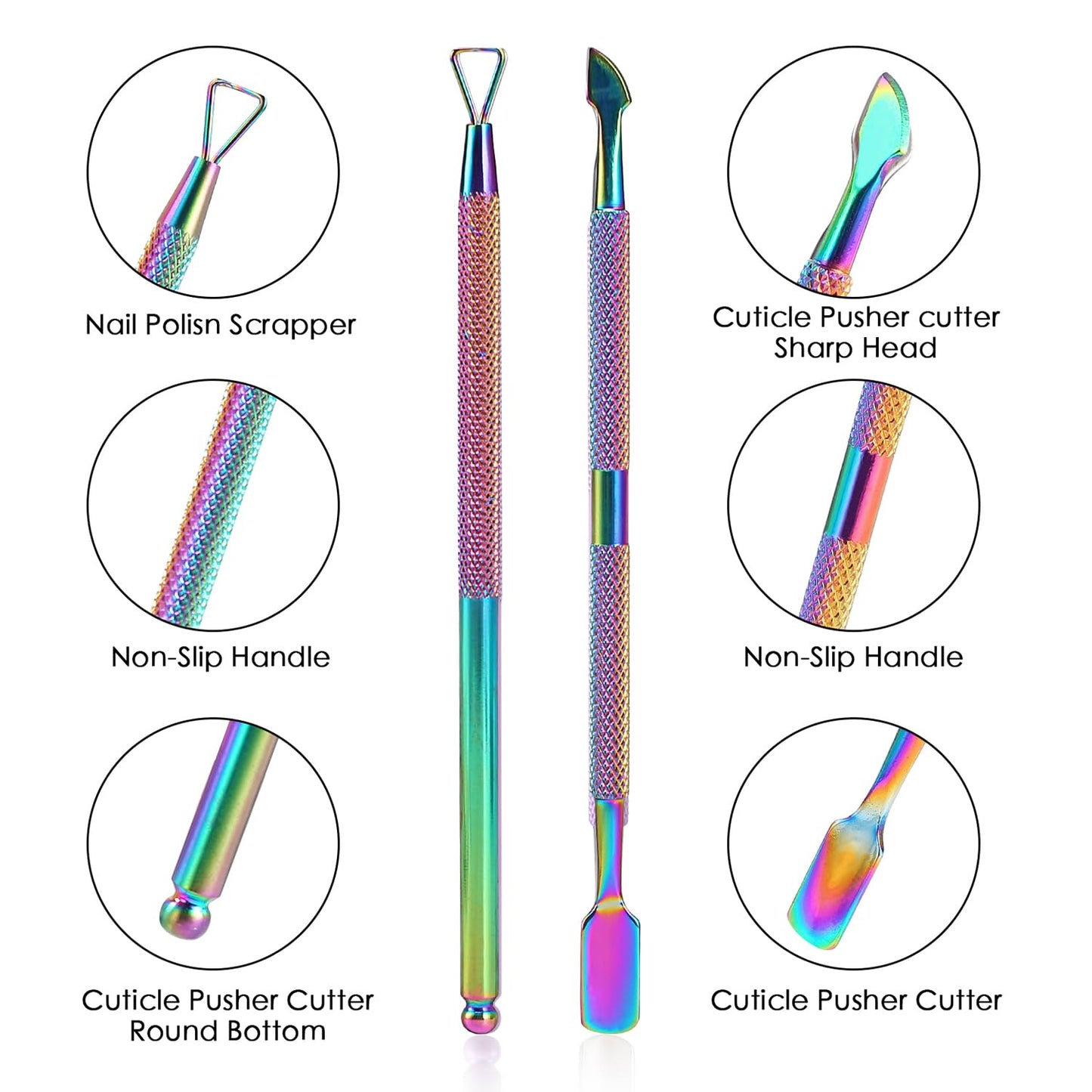 2PCS Cuticle Pusher and Cutter with Storage Case,Professional Cuticle Pusher Nail Polish Remover Stainless Steel Manicure Tool Set,Durable Pedicure Manicure Tools for Fingernails Toenails (Chameleon)