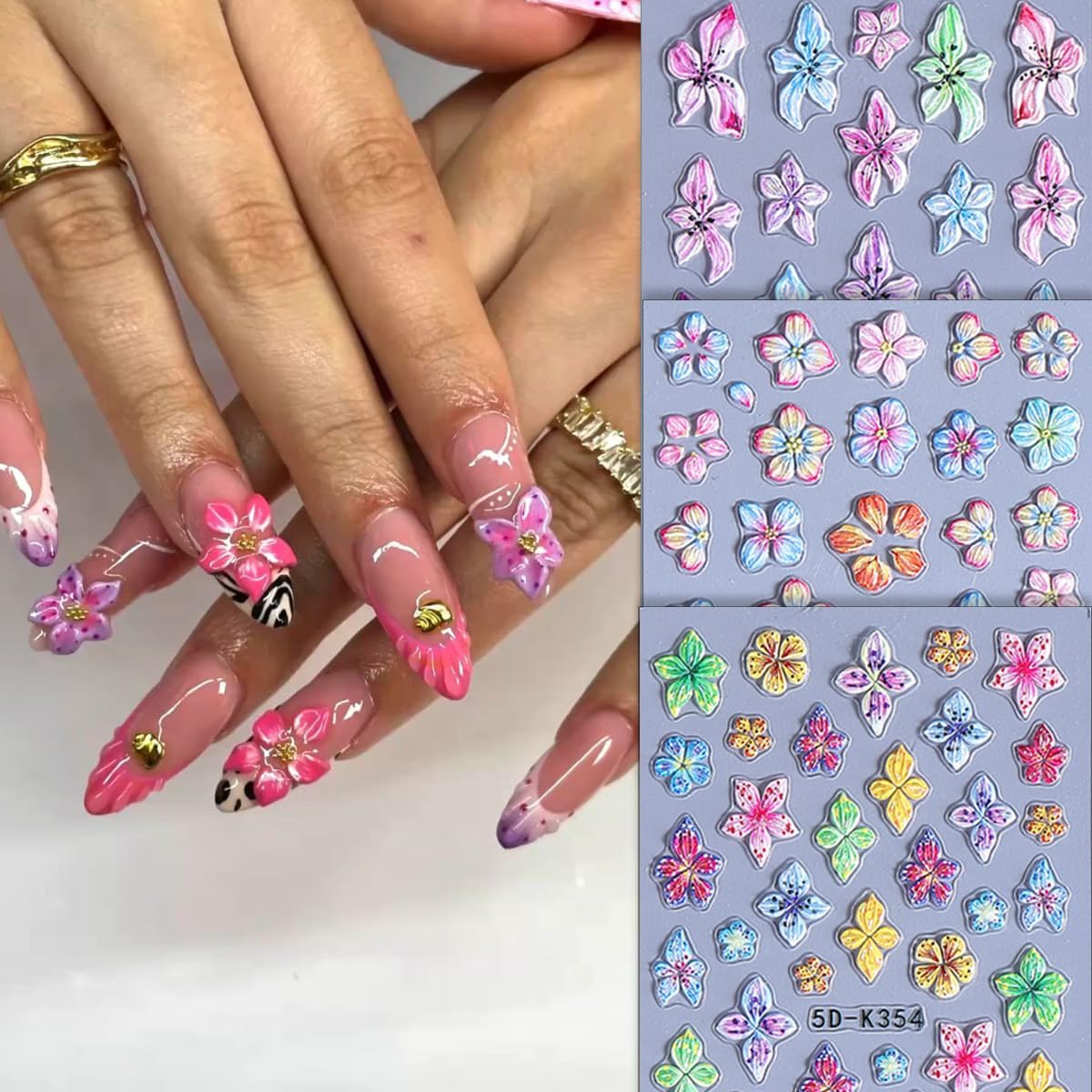 3 Sheets Colorful Flower Nail Stickers, Summer Embossed Lily Nail Decals, 5D Self-Adhesive Nail Design Stickers for Daily Festival DIY Spring Summer Floral Manicure Decoration Supplies