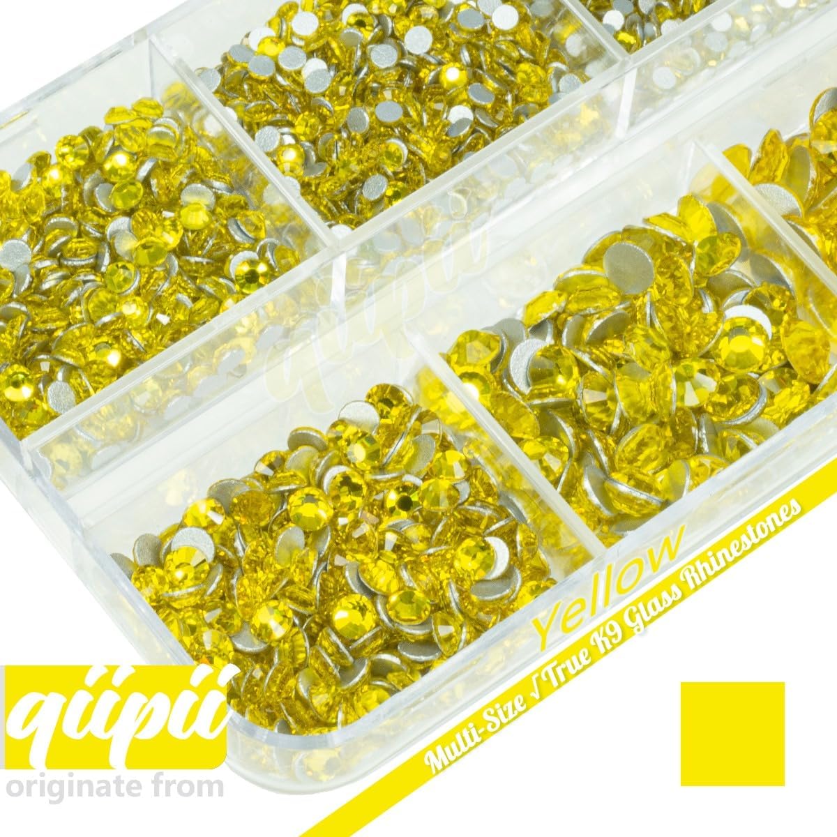 2550pcs Golden Yellow Nail Art Flatback Rhinestones for Face Makeup - Citrine Yellow Nail Gems & Gemstones K9 Glass SS4SS20 6 Sizes Bling Diamonds Stones w Tweezer & Pick Pen for DIY Crafts