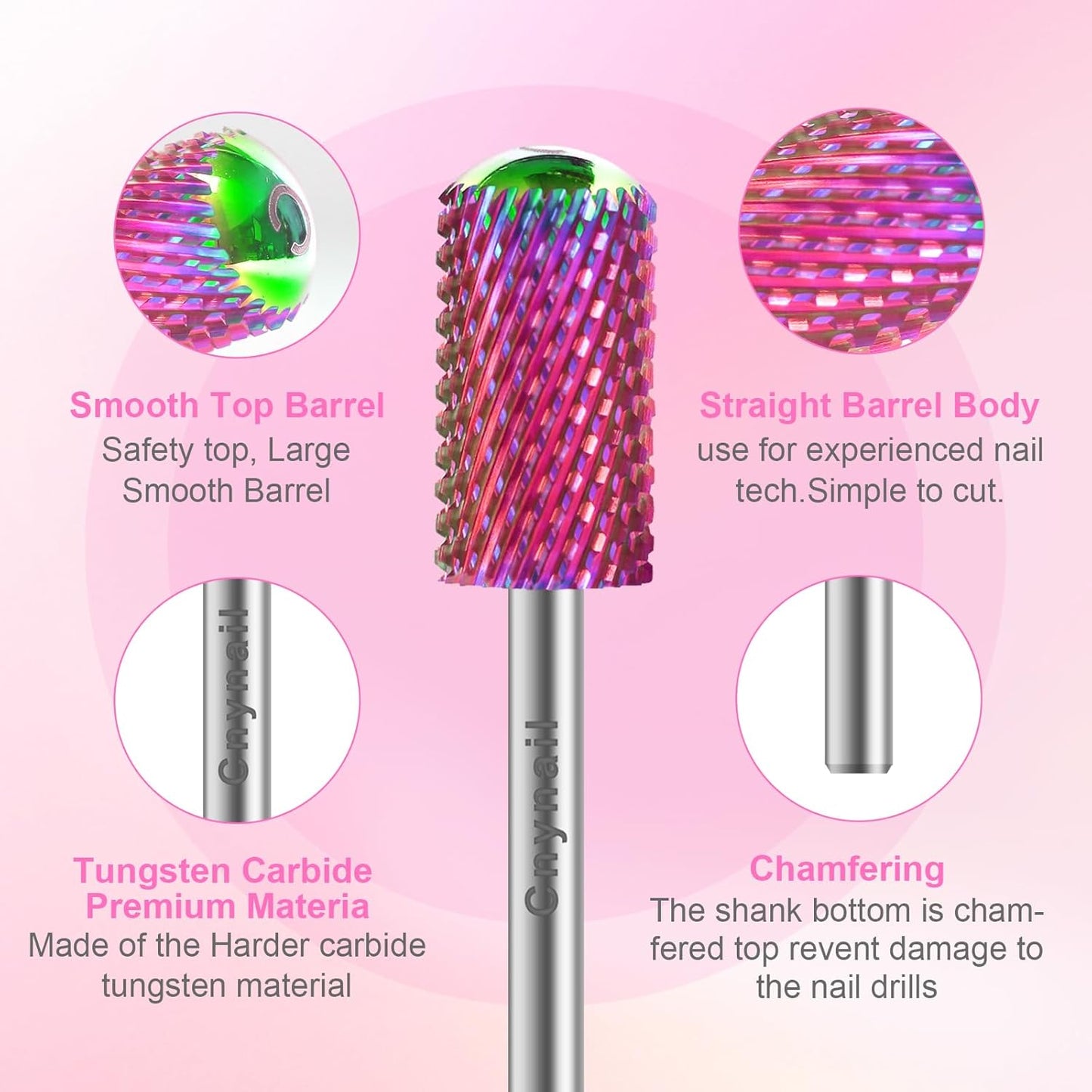 3/32" 2PCS Large Barrel Smooth Round Top Tungsten Carbide Nail Drill Bit Safety Bit for Gel & Acrylic Removal, 2-Way Rotating Efile Tip, Salon Electric File Accessory (C Grit, Multicolor)