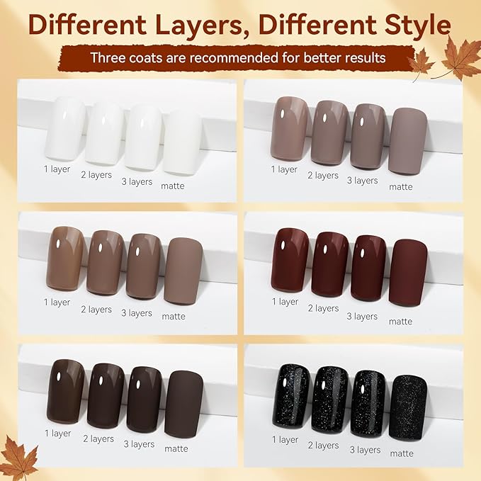 MIZHSE Quick Dry Brown Nail Polish, 6 Colors White Khaki Glitter Fall Winter Nail Polish Set Coffee Chocolate Collection Nail Lacquer Manicure DIY Nail Art Salon Home Gift for Women Girl