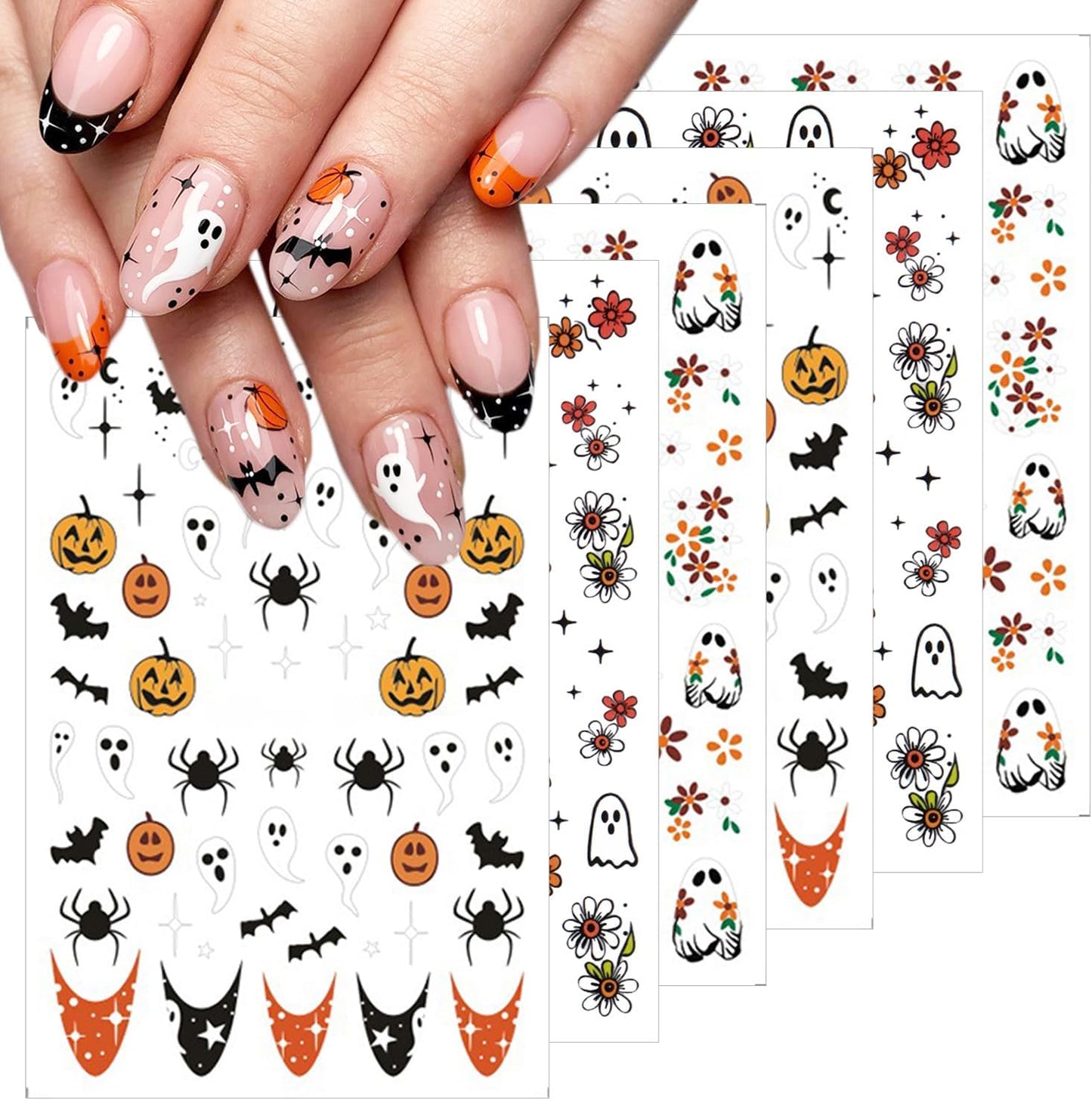 6 Sheets Halloween Nail Stickers Cute Ghost Pumpkin Nail Decals 3D Self-Adhesive Star Spider Bat Flowers Nails Stickers Fall Halloween Nails Art Supplies for Women Holiday DIY Manicure Decorations