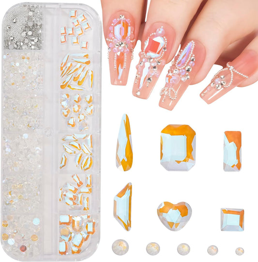 Multi Shapes Aurora 3D Glass Crystal Nail Rhinestones Kit Mix 0.8mm Silver Nail Round Beads Charm Flatback Gems 5 Grids Flatback Rhinestones Stone Diamond for Manicure Makeup DIY Decoration