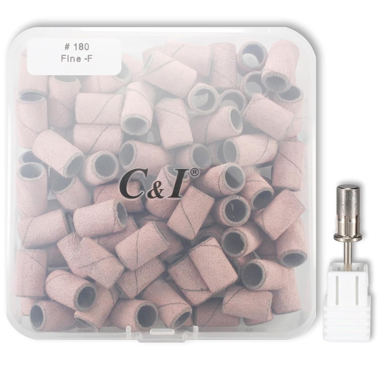 C & I Nail Sanding Bands 100 PCS Plus Upgrade Mandrel 1 PC, Nail Drill Bits for Acrylic Gel Nails Remove, Natural Nails Buffer for Nail Prep and Nail Shiner (Pink, #180 Fine)