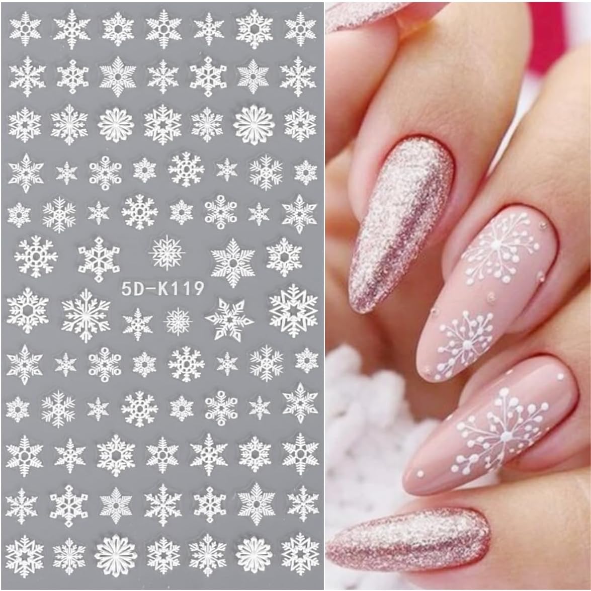 JMEOWIO 3D Embossed Christmas Snowflake Holiday Nail Art Stickers Decals Self-Adhesive 5D Nail Supplies Nail Art Design Decoration Accessories 3 Sheets