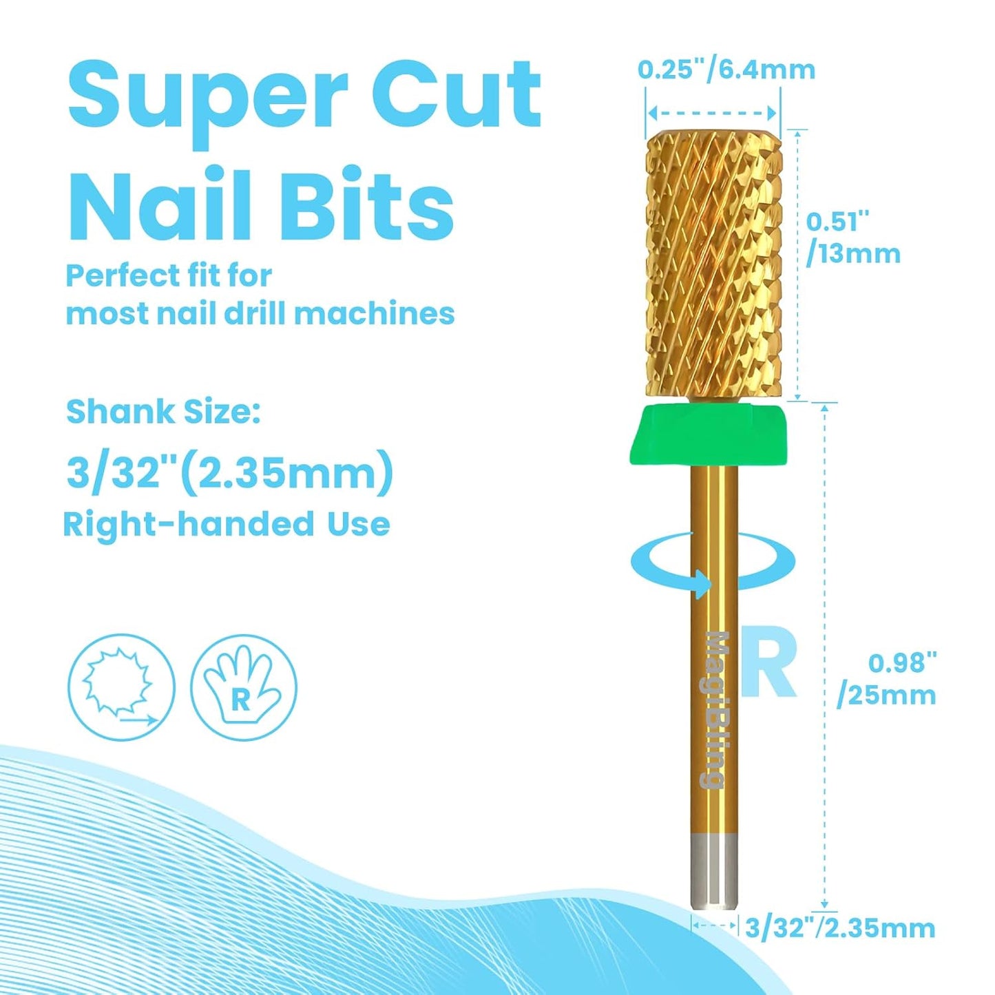 Super Cut Large Barrel Nail Drill Bits, 3/32'' Professional Tungsten Carbide Bits, Remove Hard and Soft Gel Fast, Right Hand Use, Manicure Pedicure Cuticle Gel Polishing, Gold Color, Coarse.