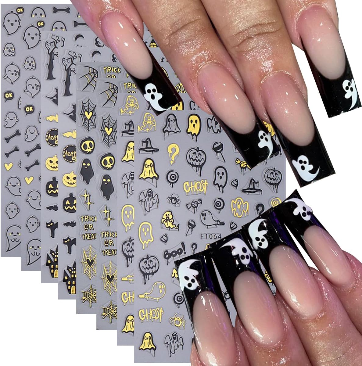 8PCS Halloween Nail Stickers for Nail Art - 3D Metallic Spider Web, Ghost, Pumpkin, Skull, Stars, Cat Designs - Black Gold DIY French Manicure Decor