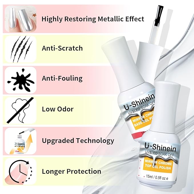15ml Top Coat and Base Coat Set for Metallic Mirror Painting Gel, No Wipe Clear Top and Base Coat for Nail Polish, Chrome Nail Powder