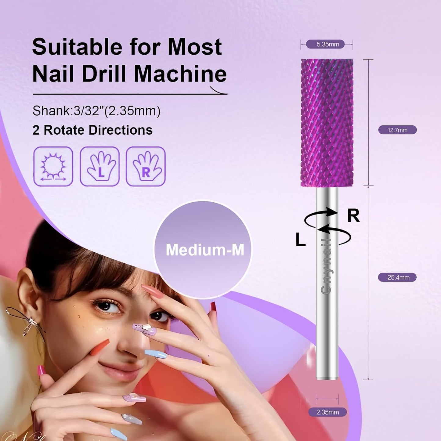 3/32" Small 5.35MM Barrel Bit Tungsten Carbide Nail Drill Bit Safety Bit for Gel & Acrylic Removal, 2- Way Rotating Efile Tip, Salon Electric File Accessory (M Girt, Purple)