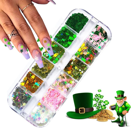 St. Patrick's Day Nail Art Glitters Green Clover Flakes Nail Sequins 3D Shamrocks Nail Art Glitter Design Holographic Leaf Sequin Nails Supplies Shine Lucky Nail Art Stickers Decorations DIY Crafts
