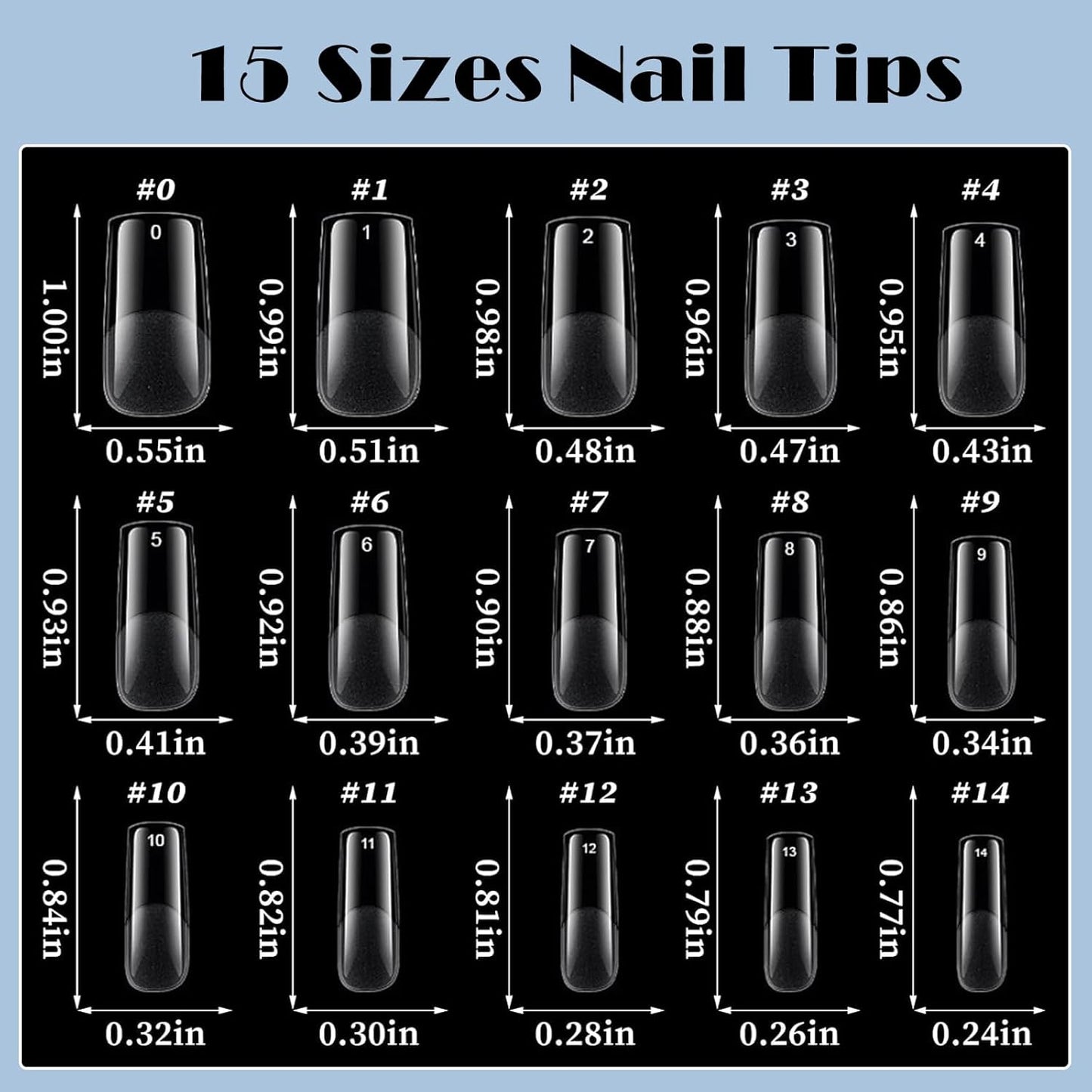 AddFavor Medium Square Gel Nail Tips - 600pcs Clear Acrylic Nails Tips Medium Fake Nails Full Cover Soft Gel Nail Tips for Nail Extension, Press on Nails 15 Sizes Artificial False Nails