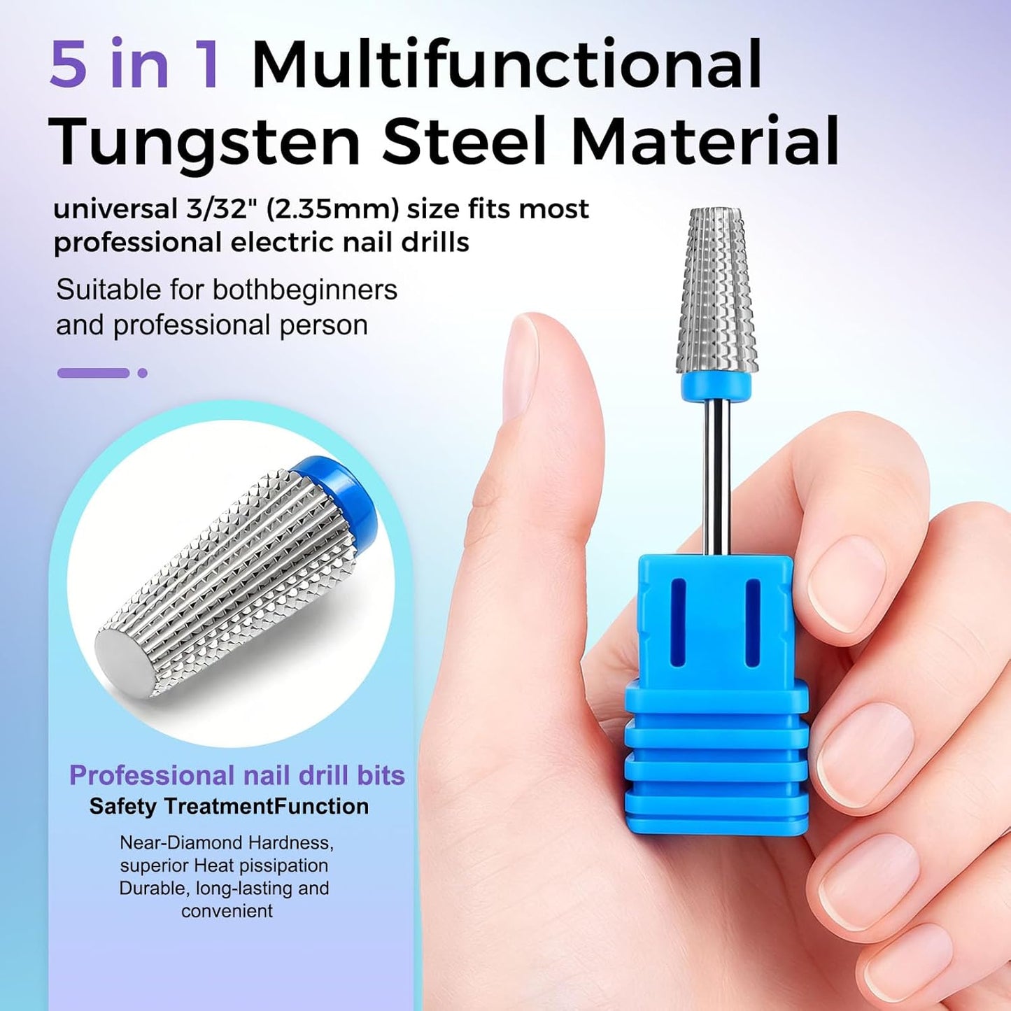 Fantexy 5 in 1 Nail Drill Bits,Professional 3/32" Shank Tungsten Steel Bits for Acrylic Nails,Manicure,Nail Art,Drill Machine,Both Left and Right Handed - Two Way Rotate Use (Medium - M)