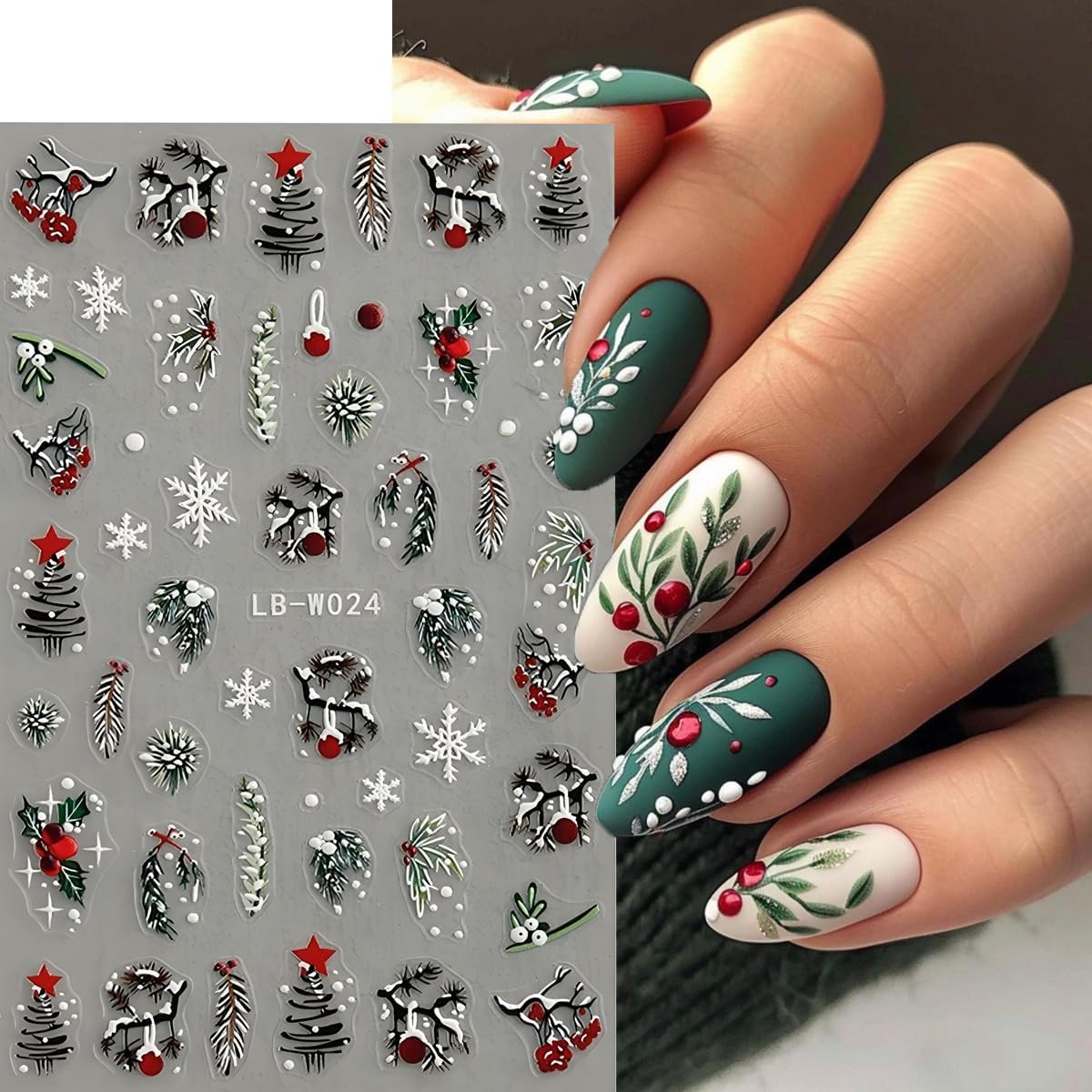Christmas Nail Art Stickers Holly Leaf Snowflakes Nail Stickers 4PCS 5D Embossed Xmas Nail Decals Christmas Tree String Light Star Candy Cane Xmas Nails Art Design Supplies Adhesive Sliders for Women