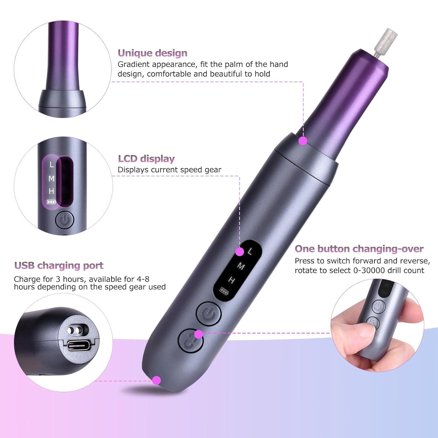 Electric Nail Files Cordless, Professional Nail Drill LCD Display With 12 Bits 30000RPM Rechargeable Manicure Pedicure EFile For Gel Nail Polish Acrylic Nails Thick Toenails Removal,Grey purple
