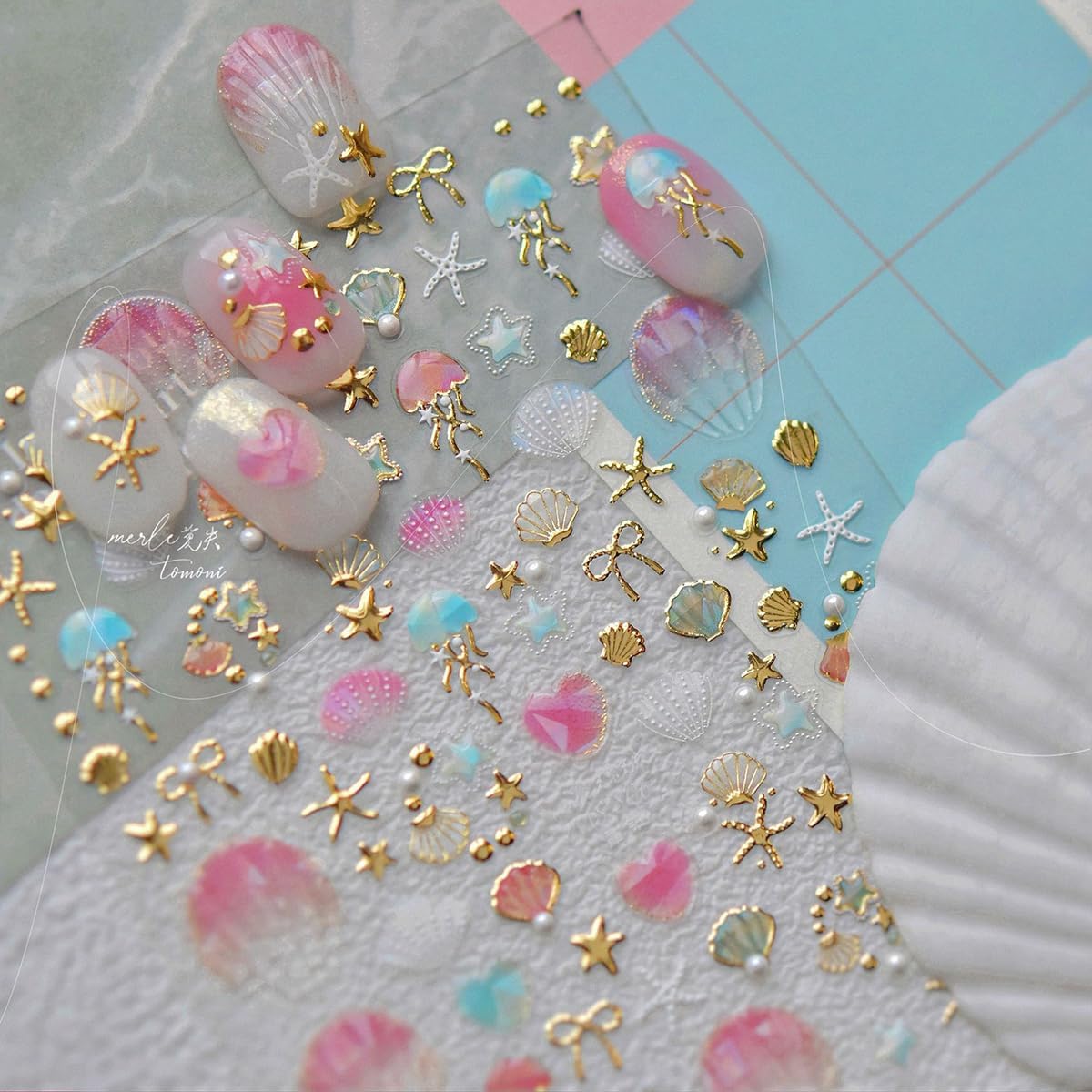 1 Sheets Summer Beach Nail Stickers for Nail Art 5D Embossed Nail Decals Shiny Silver Star Bow Seashell Starfish Design Ocean Theme Nail Art Stickers Summer Nails Sticker for Women Manicure Decoration