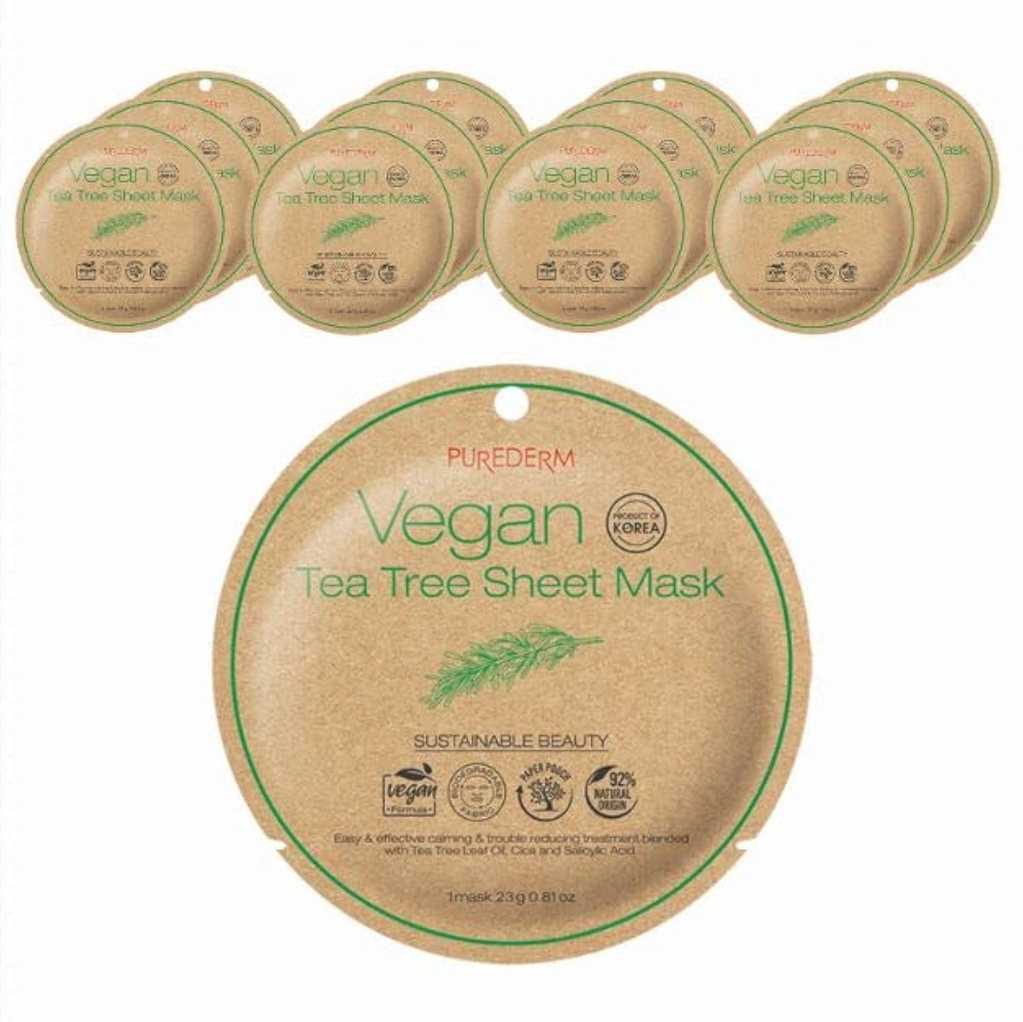 Purederm Vegan Tea Tree Sheet Masks (12 Packs) – Facial Sheet Mask for Calming & Trouble Reducing Treatment
