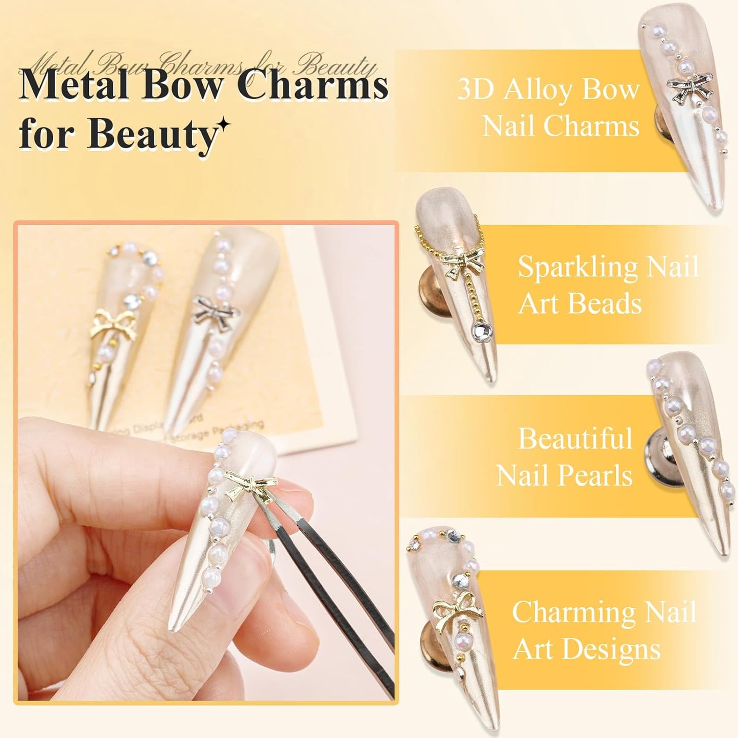 3D Metal Bowknot & AB Pearl and Mini Beads Nail Art Kit - Gold/Silver Alloy Bowknot, 1-2mm Stainless Steel Caviar Beads, 3mm Half Pearls for Professional Salon & DIY Manicure Jewelry Designs (Set 2)
