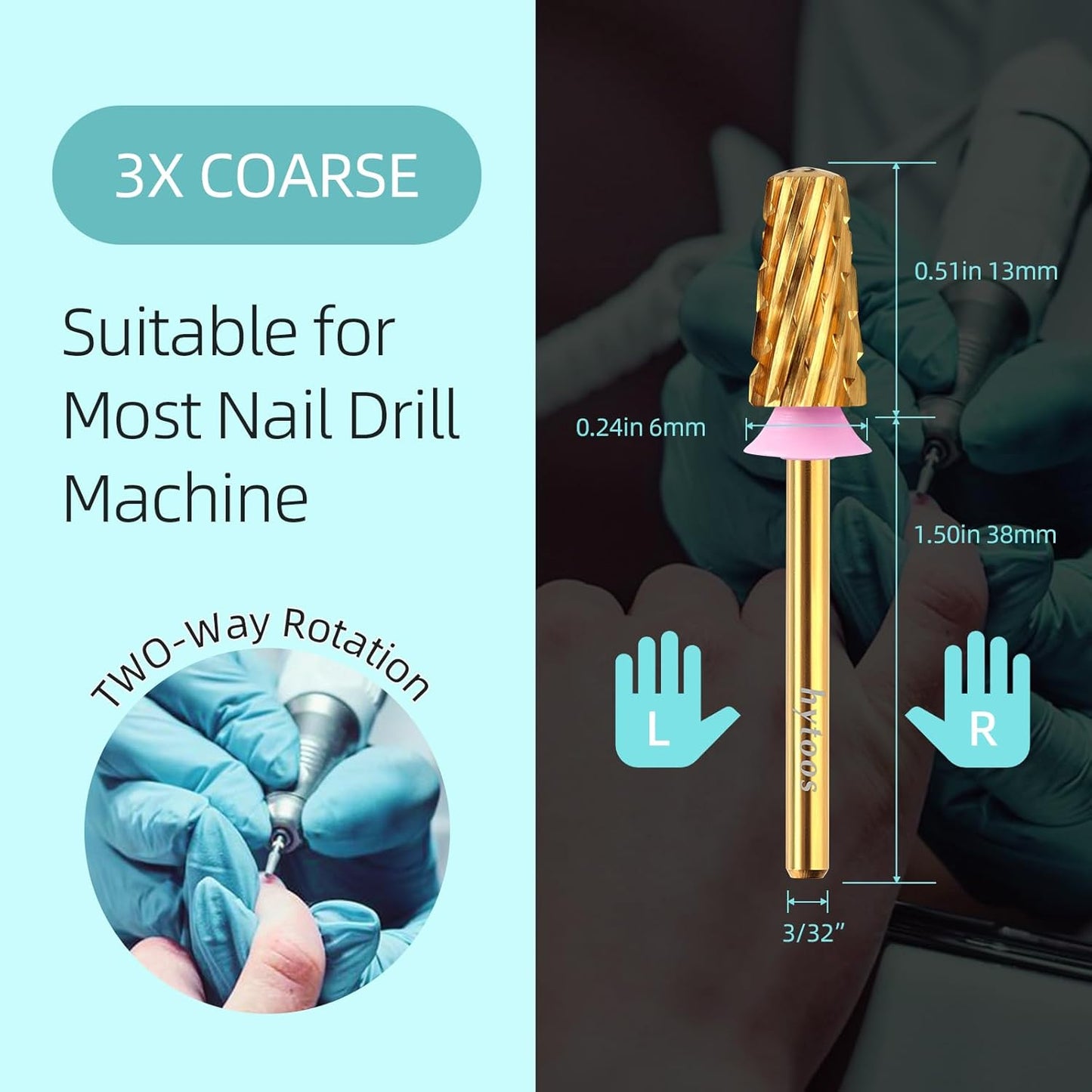 Safety Tapered Nail Drill Bits,Titanium Coating Round Top 3/32 Carbide Nail Bit, Two-way Rotate for Both Hand, Manicure Drills Accessories Remove Thick Gel Tool (3XC, titanium)