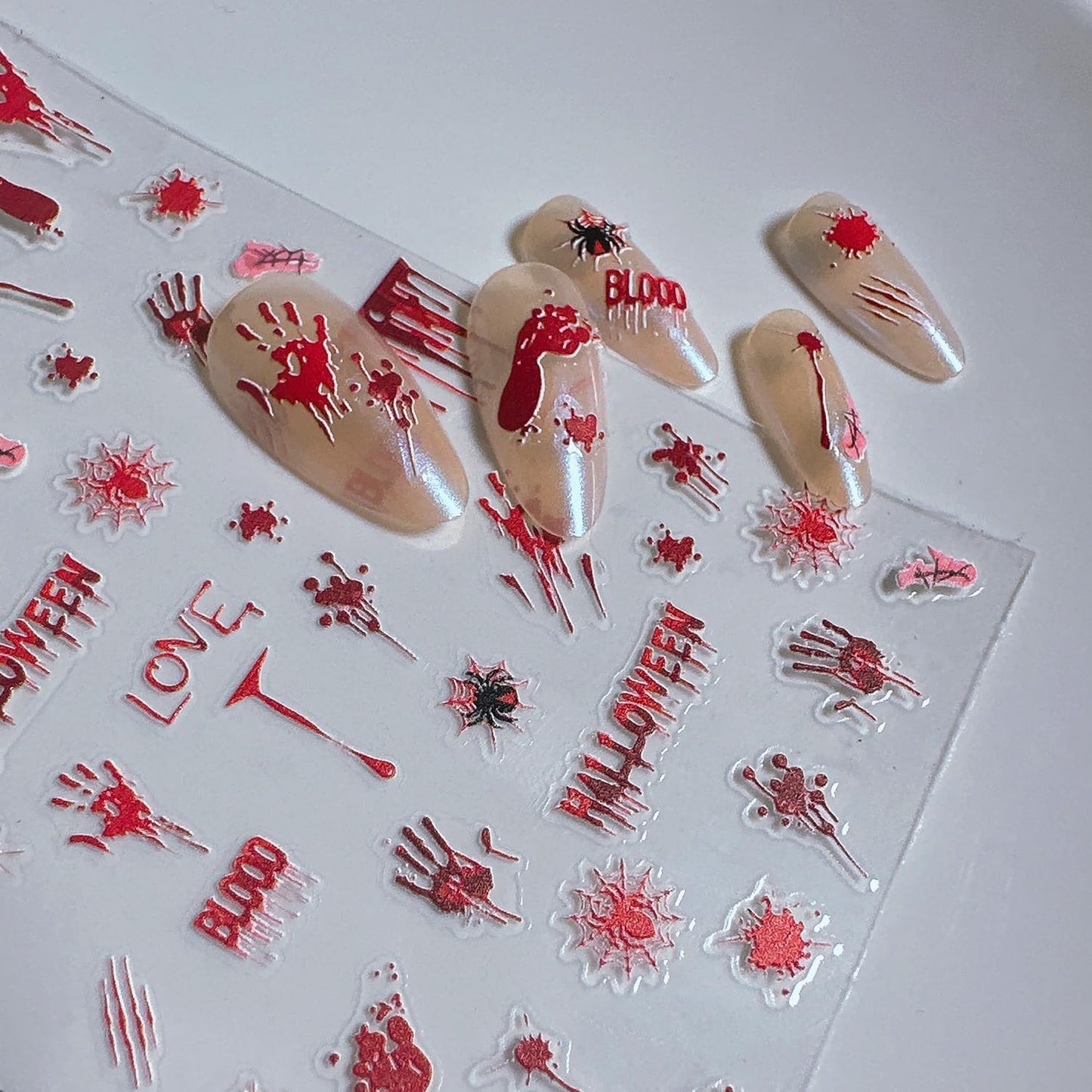 1 Sheets Halloween Nail Stickers for Nail Art Embossed Bloody Handprint Nail Art Stickers Blood Drop Spider Gothic Nail Decals 5D Self-Adhesive Bloody Footprints Nail Design Decals for Women