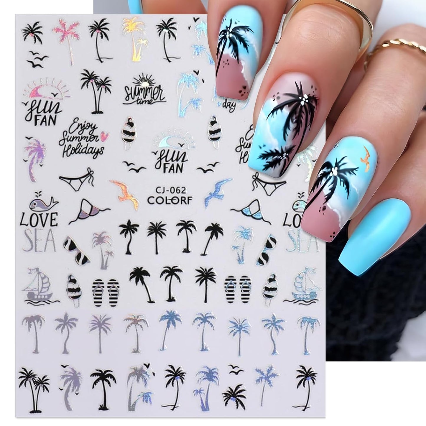 Summer Palm Tree Nail Art Stickers - Glitter Beach Mermaid Self-Adhesive Nail Decals for DIY Anchor Shell Coconut Tree Flamingo Manicure (6 Sheets)