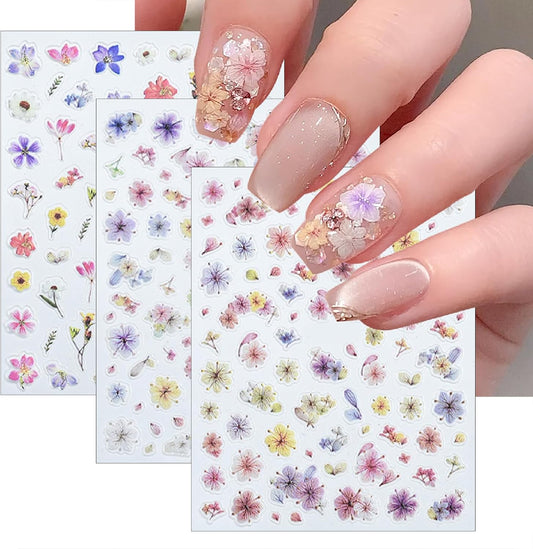 3 Sheets Spring Colored Glitter Flowers Nail Art Stickers 3D Self-Adhesive Gradual Smudge Flowers Pink Dried Flower Pattern Pink Petal Design Nail Decals for Women DIY Nail Art Decorations