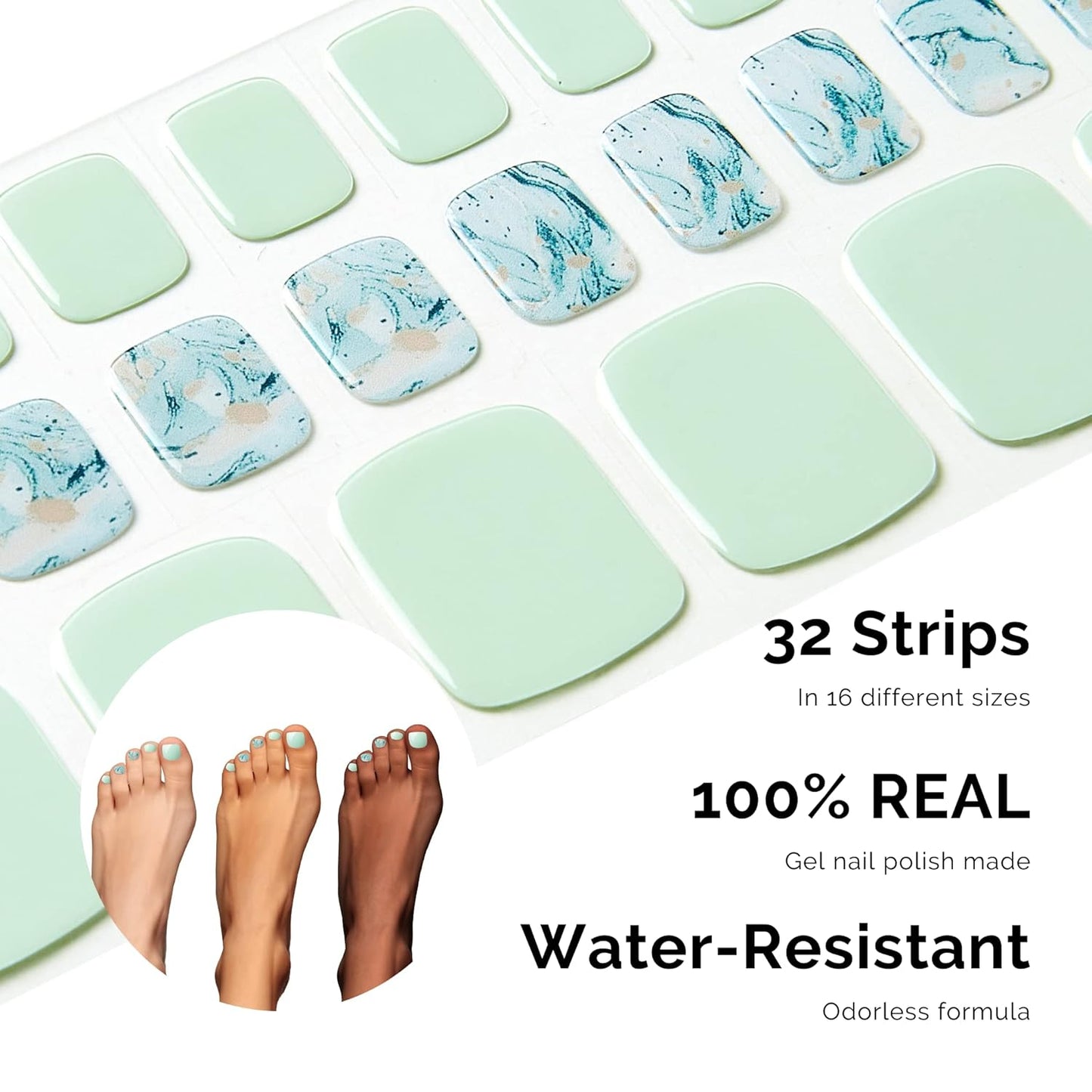 NAILOG Semi Cured Gel Nail Strips, Toe Nail Polish Strips with Glossy Gel Finishing | Buy 3 Get 1 UV Lamp| 32 Pieces Long Lasting Pedi Stickers| Baby Blue
