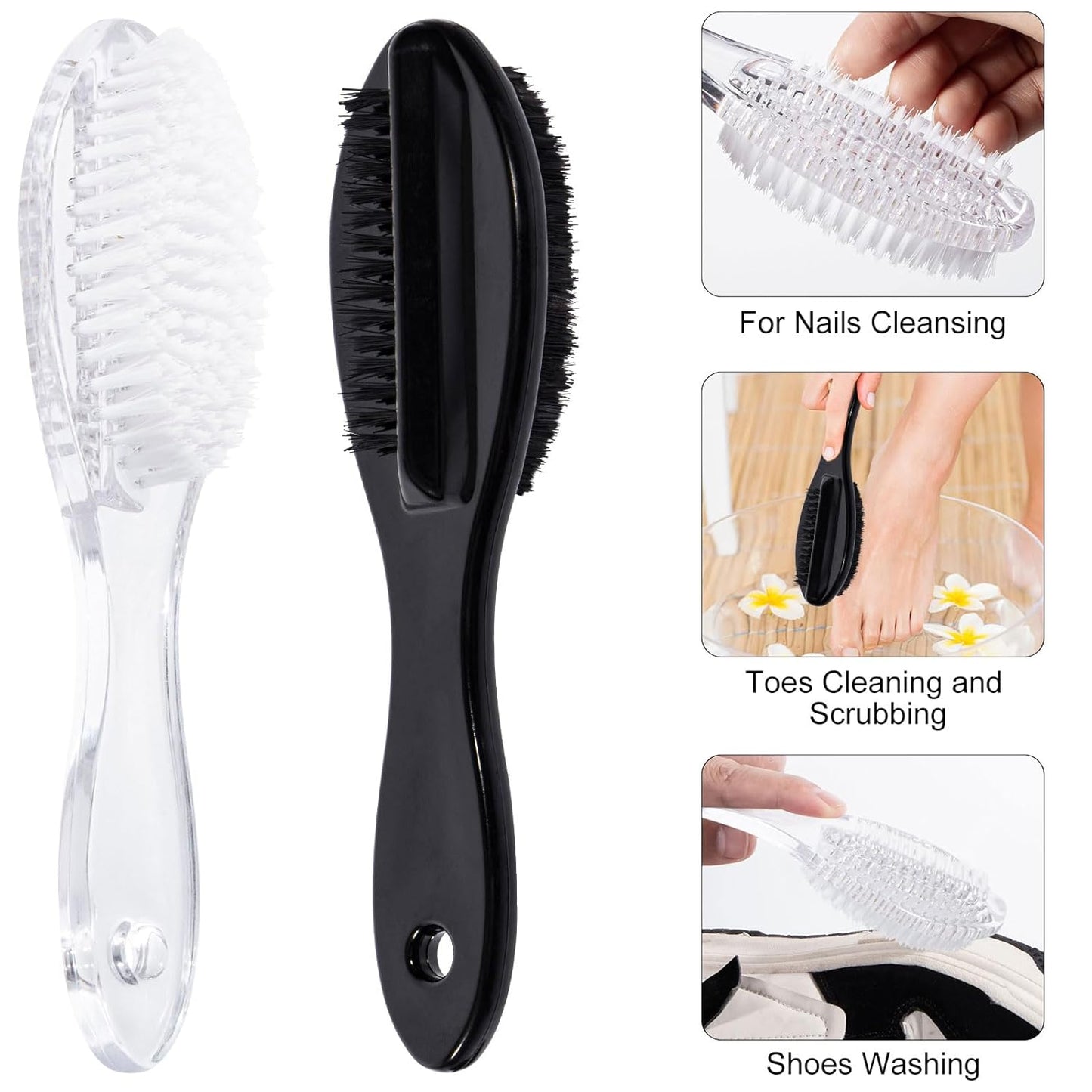 Nail Brush for Cleaning Fingernails 2 PCS, Long Handle Grip Double Sided Nail Foot Scrub Brush Fingernail Cleaner, Soft Stiff Bristles Pedicure Nail Scrubber Non-Slip for Men Women Black White
