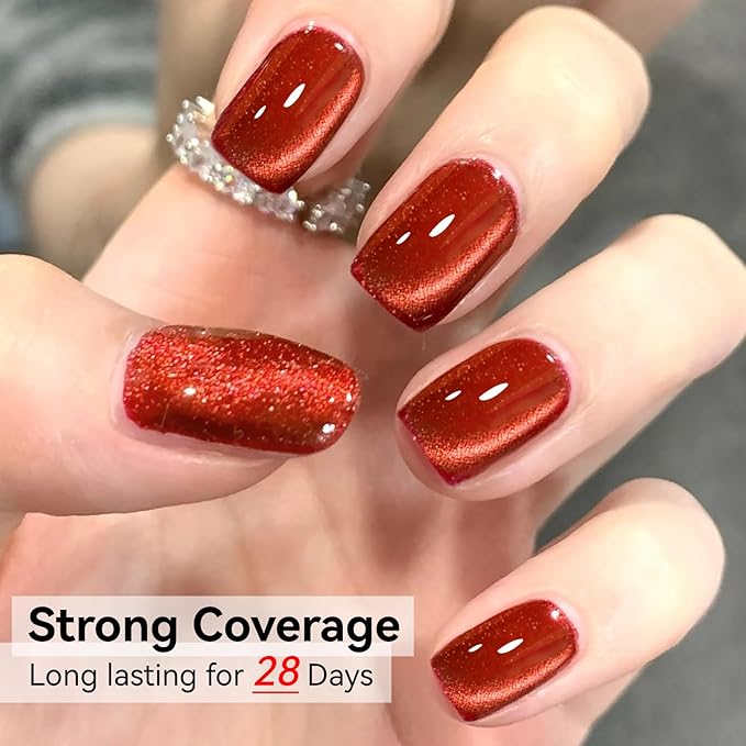 Cat Eye Gel Polish Red, Cateye Magnetic Nail Polish Glitter Holographic UV Gel Sparkle Crystal Jelly Color Bright Red For Nail Salon DIY At Home