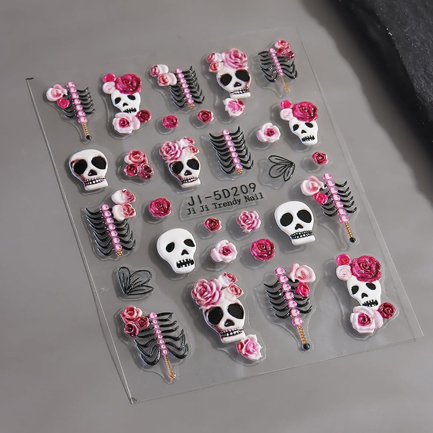 Skull Nail Art Stickers Halloween Pink Red Rose Skeleton Hand Bone Nail Decals 5D Embossed Self-Adhesive Nail Art Supplies White Skull Nail Design Manicure Sliders for Women Nail Decorations 2PCS