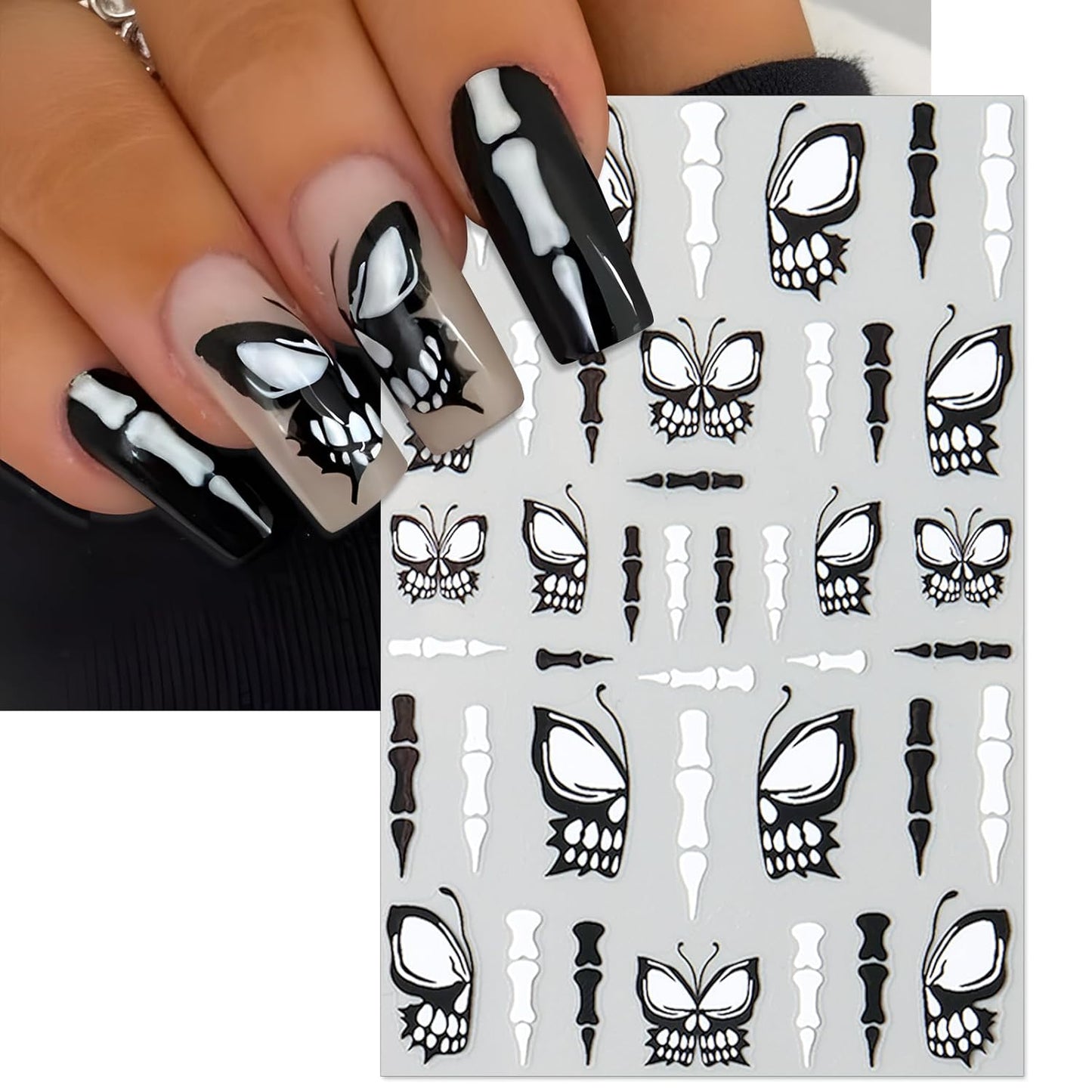 Halloween Horror Nail Stickers, Death Terrifying Face Butterflies Skull Self-Adhesive 3D Nail Art Decals for DIY Black Spider Web Manicure (6 Sheets)
