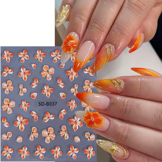 1 Sheets 5D Embossed Flower Nail Decals for Nail Art Self-Adhesive Cute Floral Nail Art Stickers Hawaii Flowers Nail Stickers Fall Nail Design Sticker for Women DIY Nail Decoration