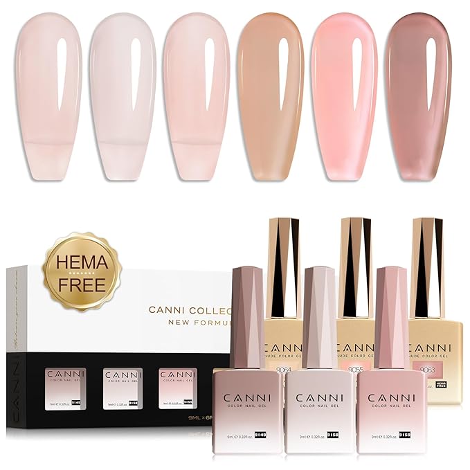 CANNI Jelly Gel Nail Polish Set – 6 Sheer Nude Shades (Pink, Brown, Transparent), 9ML Each, HEMA-Free Soak Off UV LED Gel for Natural-Look Manicure