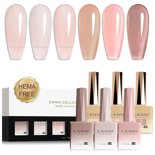 CANNI Jelly Gel Nail Polish Set – 6 Sheer Nude Shades (Pink, Brown, Transparent), 9ML Each, HEMA-Free Soak Off UV LED Gel for Natural-Look Manicure