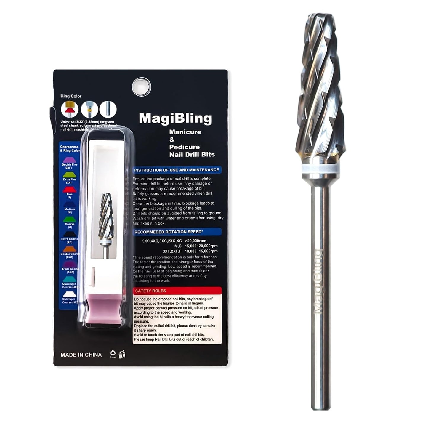 Super Cut 5 In 1 Nail Drill Bits, Tapered Barrel 3/32'' Safety Tungsten Bits, Upward Cut for Hard Gel Removal, Right Hand Use, Manicure Cuticle Gel Polishing, Technicians Bits, Quadruple Coarse.