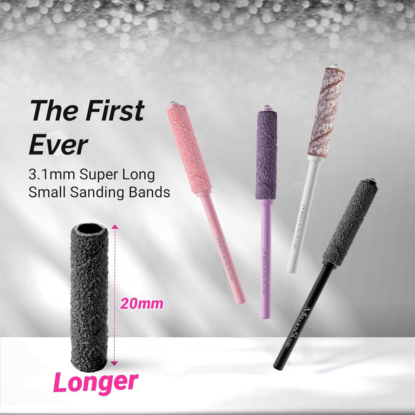 MelodySusie 50 Pcs Nail Drill Bits Super Long Small Sanding Bands with 3.1mm Crystal Mandrel Bit, 120 Medium Grit Nail File for Acrylic Nails Gel Manicures and Pedicure, Black