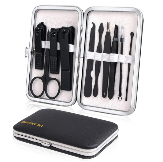 Manicure Set, Travel Mini Nail Clippers Kit Pedicure Care Tools, 10pcs Stainless Steel Grooming kit (Black)