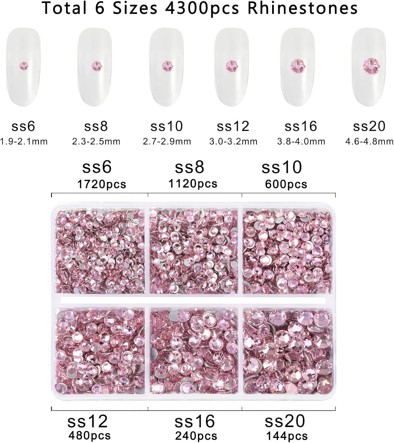 Beadsland 4300pcs Flatback Rhinestones,Pink Rhinestone Nail Gems Round Crystal Rhinestones for Crafts,Mixed 6 Sizes with Picking Tweezers and Wax Pencil Kit, SS6-SS20,Light Rose/Light Pink